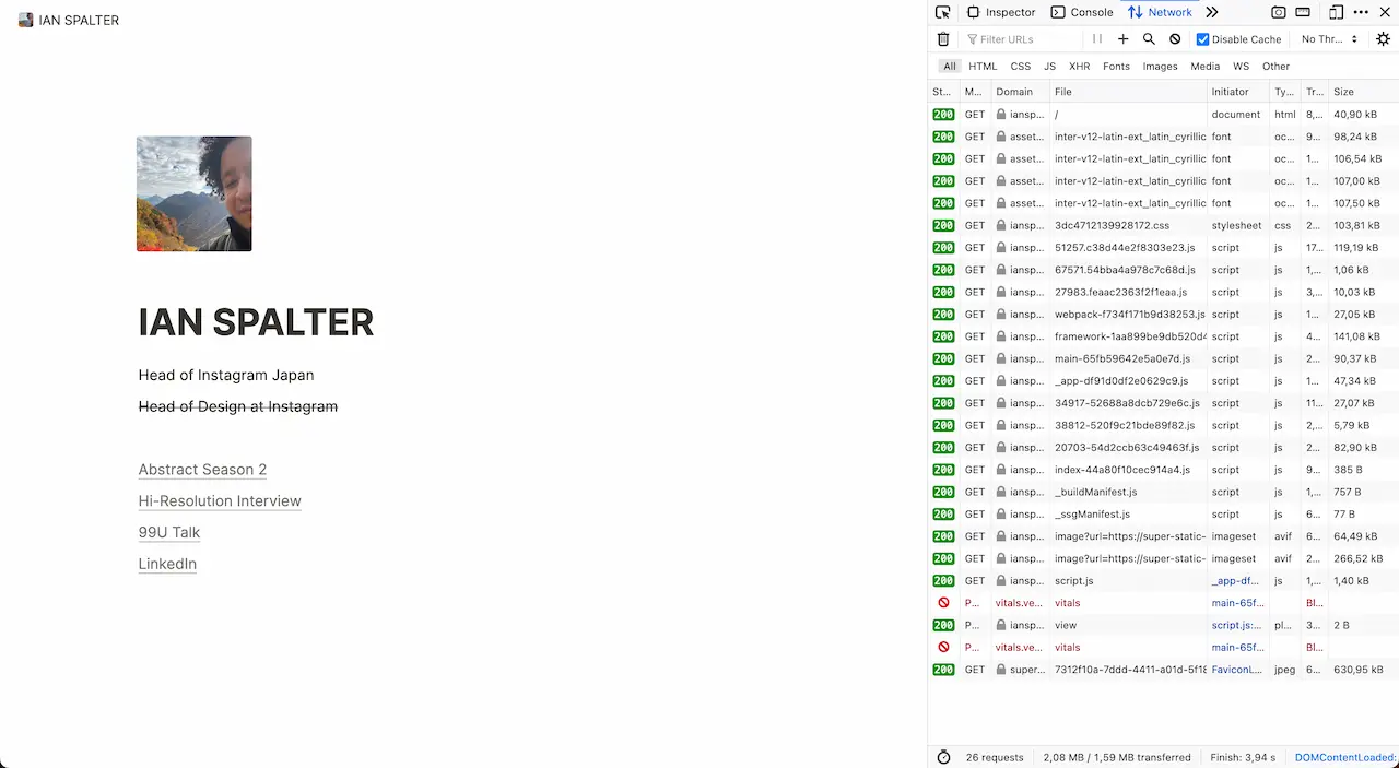 ianspalter.com with the devtools network tab open